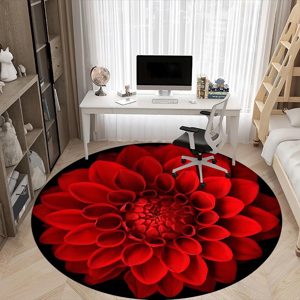 1pc Red Dahlia Flower Carpet, Round Non Slip Durable Large Size Office Carpet, Suitable for Office