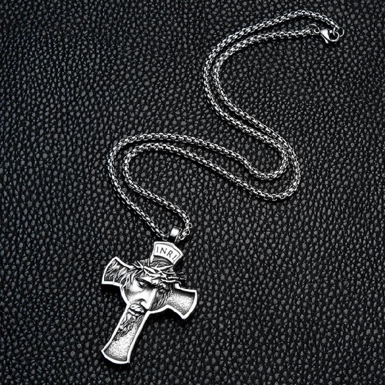 Crown of Thorns Jesus for Cross Necklace Stainless Steel Religious Gift for Men