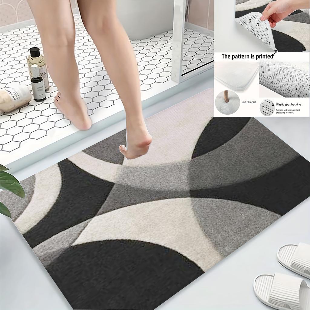 Black White Abstract Bath Mat - Geometric Non-Slip Flannel Rug for Kitchen Shower Tub, Soft Modern Home Decor Bedroom Office