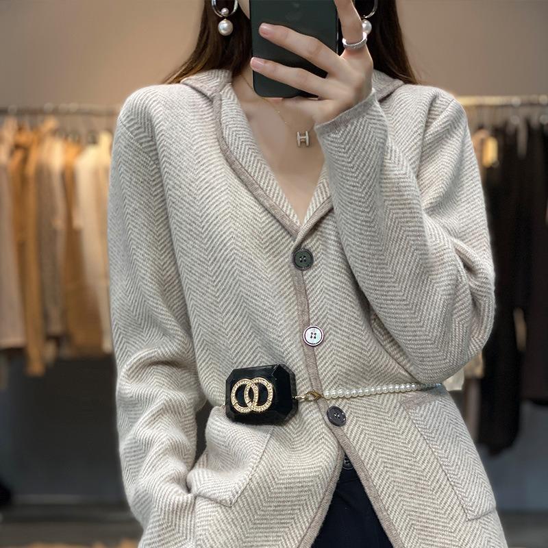 suit collar solid color long-sleeved knitted sweater women's autumn and winter new casual loose long-sleeved versatile cardigan short jacket