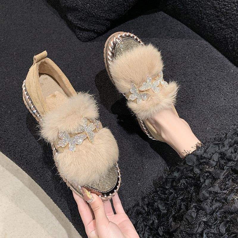 Tjockbottnade fluffiga skor för damer, nya vintermodeller 2025, enpedals loafers bomullsskor, strass sammet muffin Doudou-skor