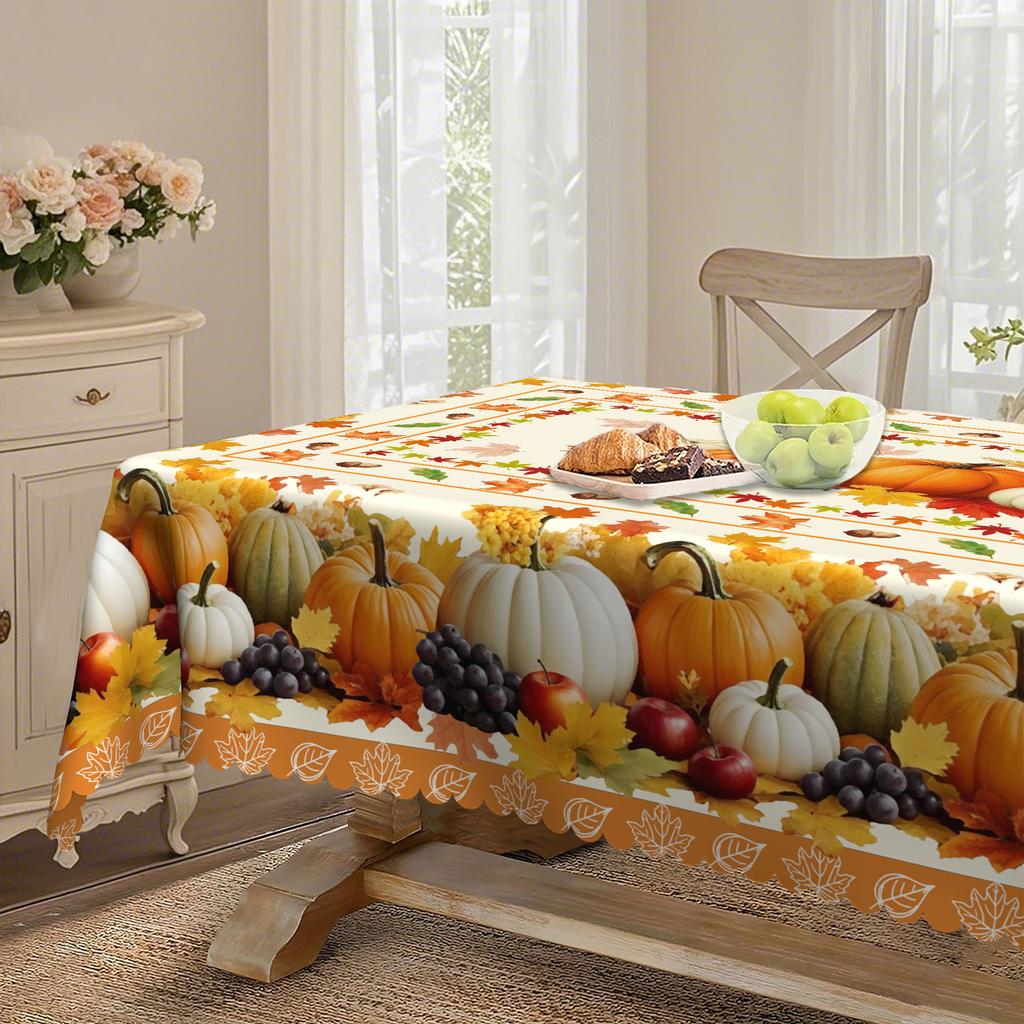 Waterproof And Oil-Proof Dining Table Cloth, Autumn Harvest-Themed Pumpkin, Grape, Maple Leaf Printed Round Rectangular Tablecloth