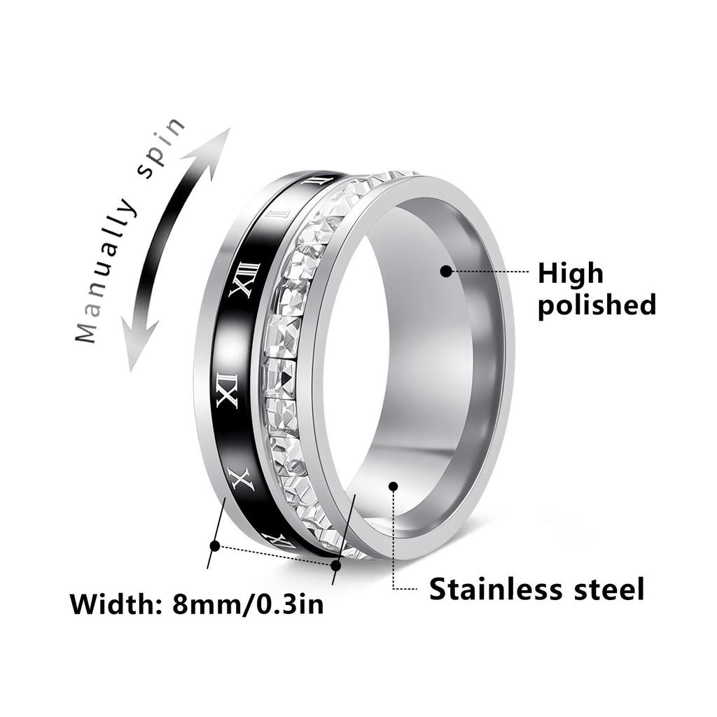 Titanium Steel Roman Numeral Diamond Spinner Couple Ring - Trendy Style