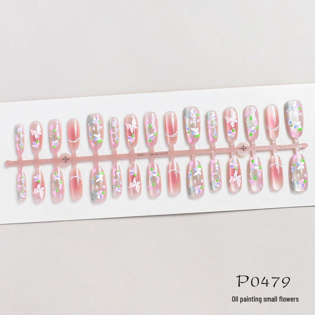 Spring Floral Oil Painting Pink Gradient Cat Eye Press-On Nails