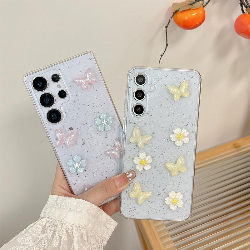 Three-Dimensional Strawberry Cherry Mobile Phone Case For Samsung A14 Butterfly S25Ultra Glitter S24Plus Bow Women