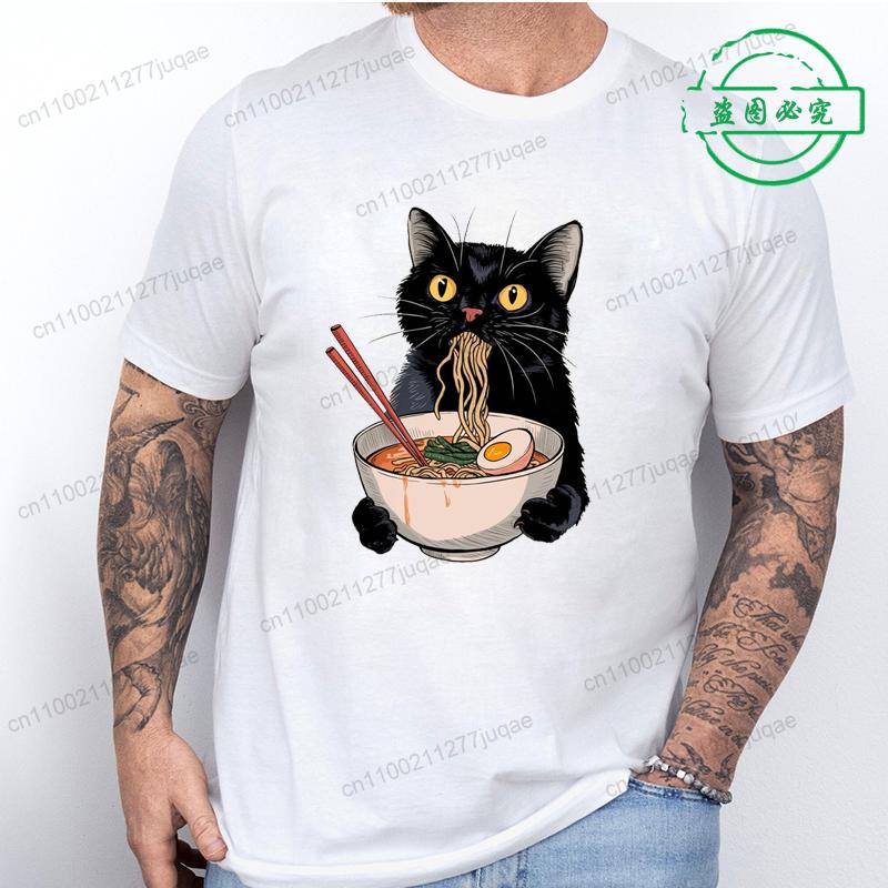 Ramen Cat Tshirt for Women Men Japanese Style Cat Lover T-Shirt Kawaii Cartoon Short Sleeve T Shirts Mens Clothes Tee Shirt Tops