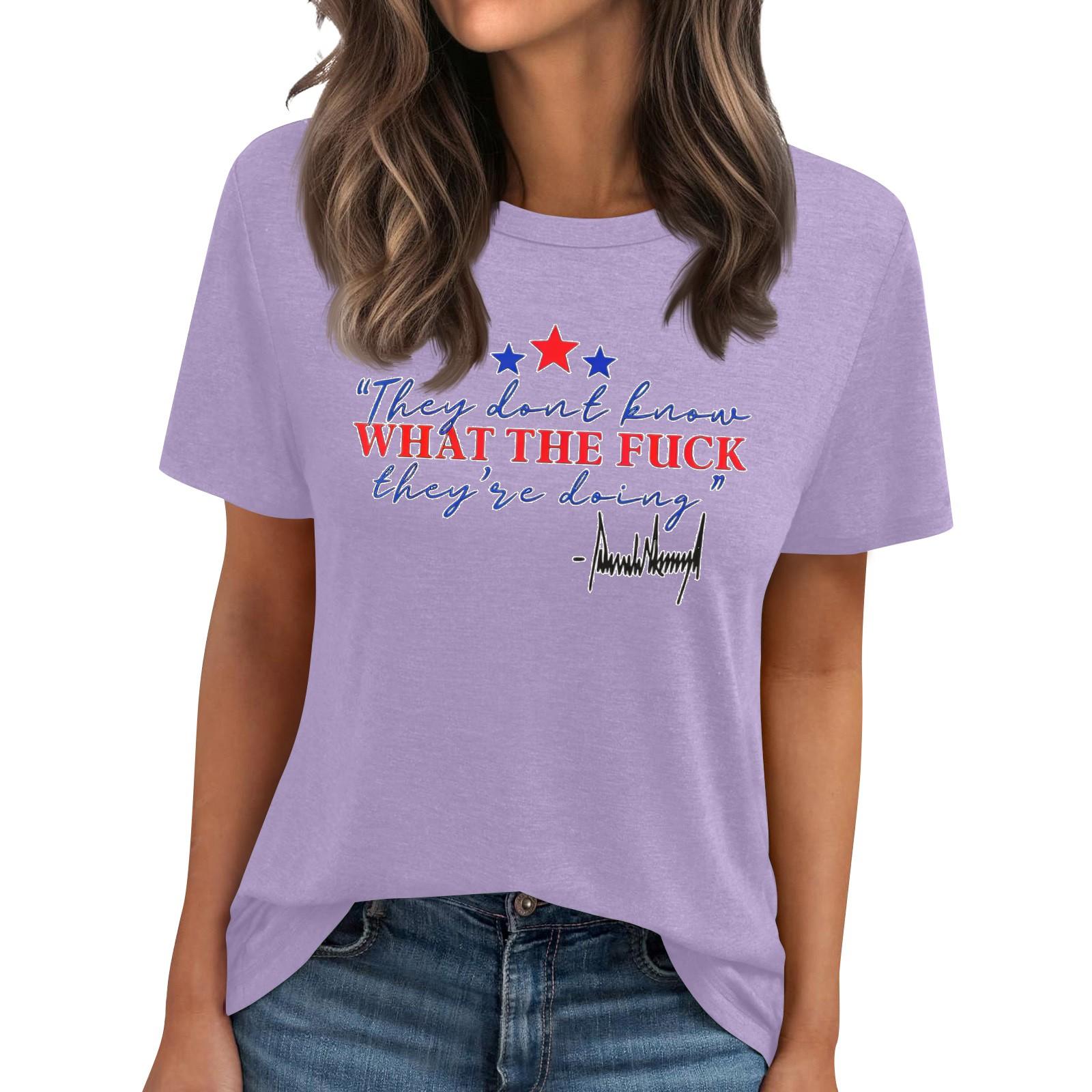 

Жіноча футболка з круглим вирізом, з принтом, з короткими рукавами S фіолетовий