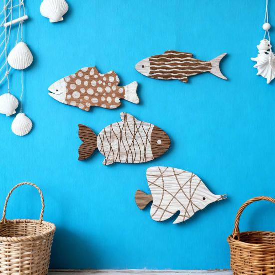 4Pcs/Set Nautical Wooden Fish Wall Decoration Farmhouse Rustic Fish Wall Art Sculpture Home Living Room Bathroom Wall Decorative Sign