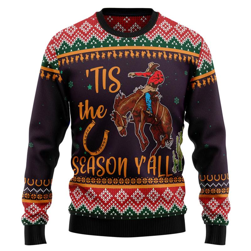 2026 Retro Cowboy Graphic Ugly Christmas Sweater For Men Autumn Vintage Crewneck 3D Printed Sweatshirt Loose Breathable Pullover