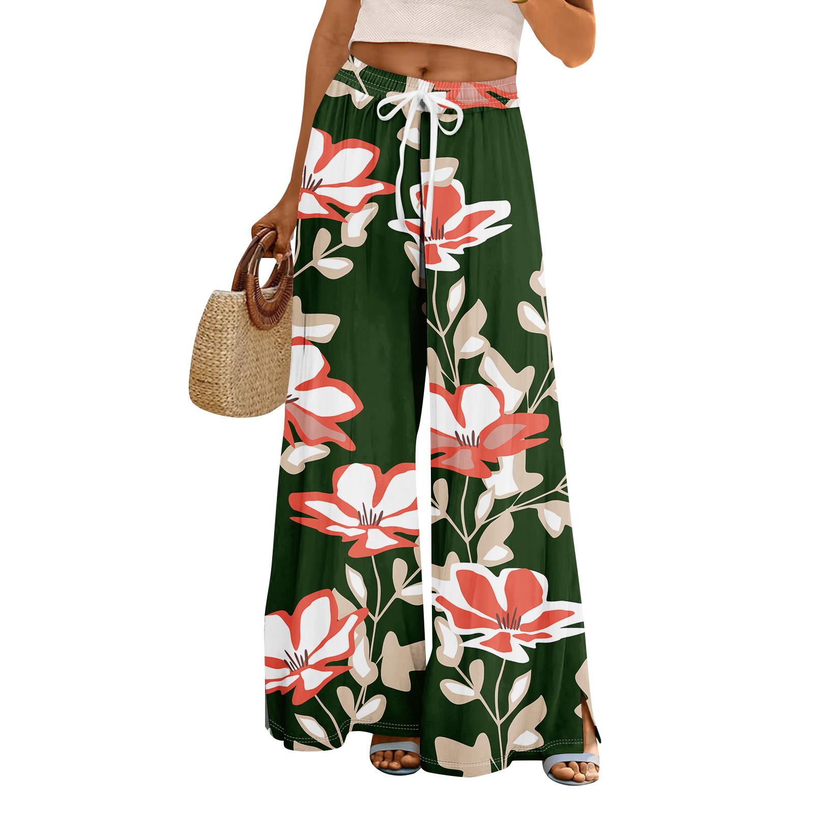 

Женские летние брюки-палаццо в стиле бохо с высокой талией, широкие повседневные брюки с цветочным принтом и карманами XXL