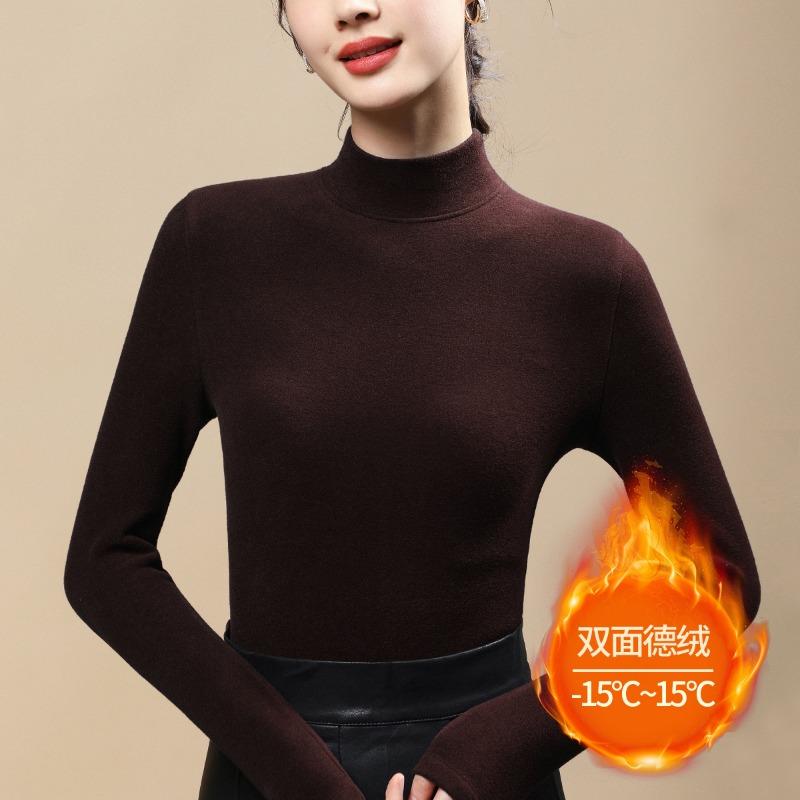 Double-sided German velvet bottoming shirt for women's winter velvet and thickened new large-size medium-neck autumn and winter thermal underwear