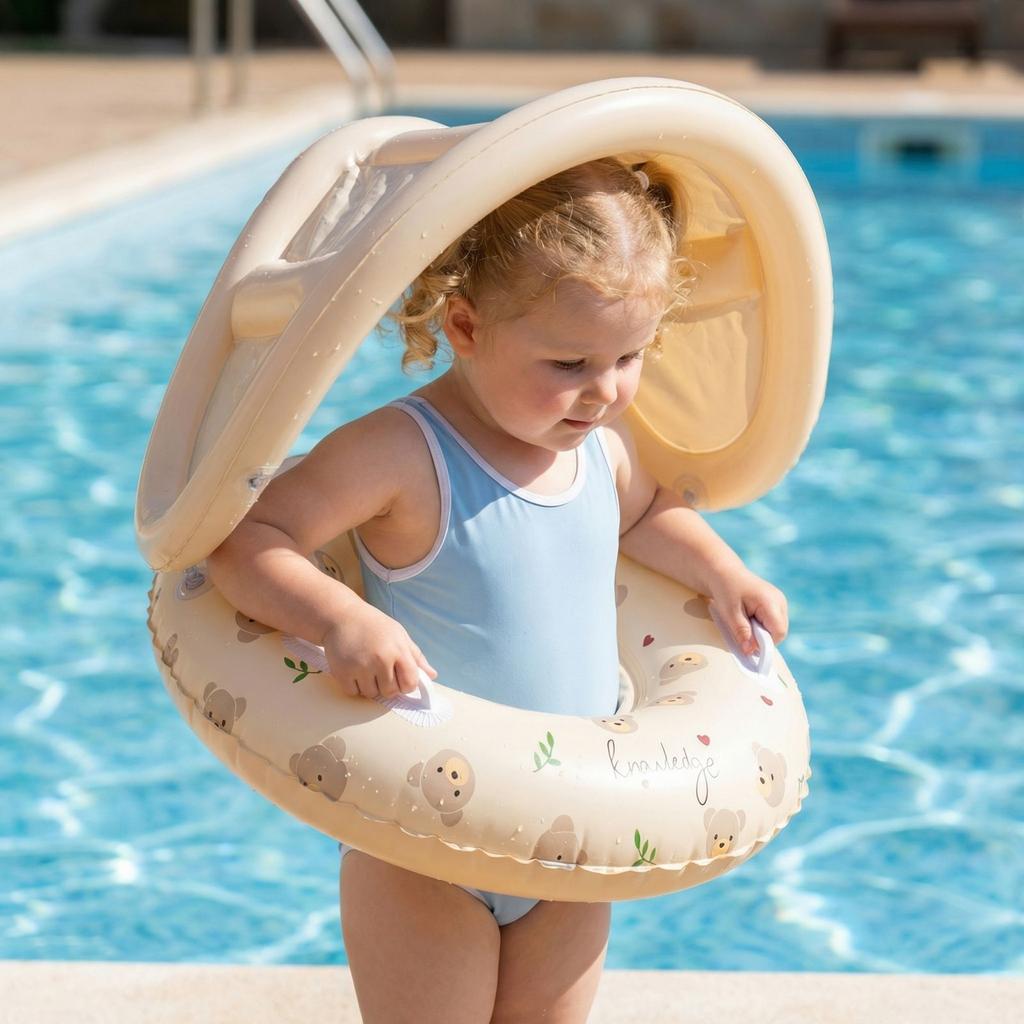 Inflatable Baby Swim Ring with Canopy Thickened Water Float Seat for Toddlers Adjustable Sunshade Pool Float Ring