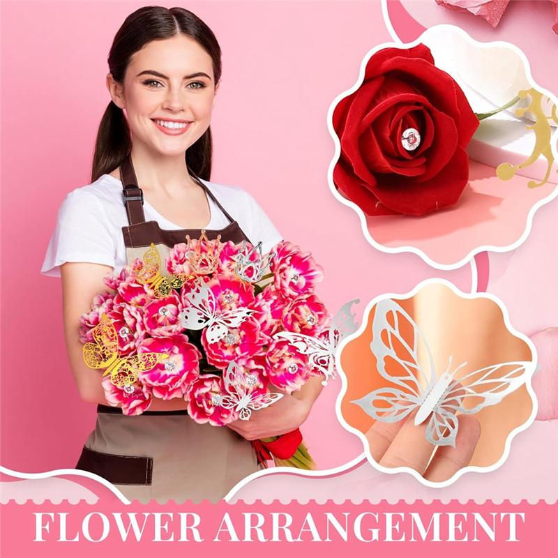 M-Modern-166 Pcs Crown Decor For Flower Bouquet With 6 Crown Cake Topper 100 Corsage Pins 60 Butterflies