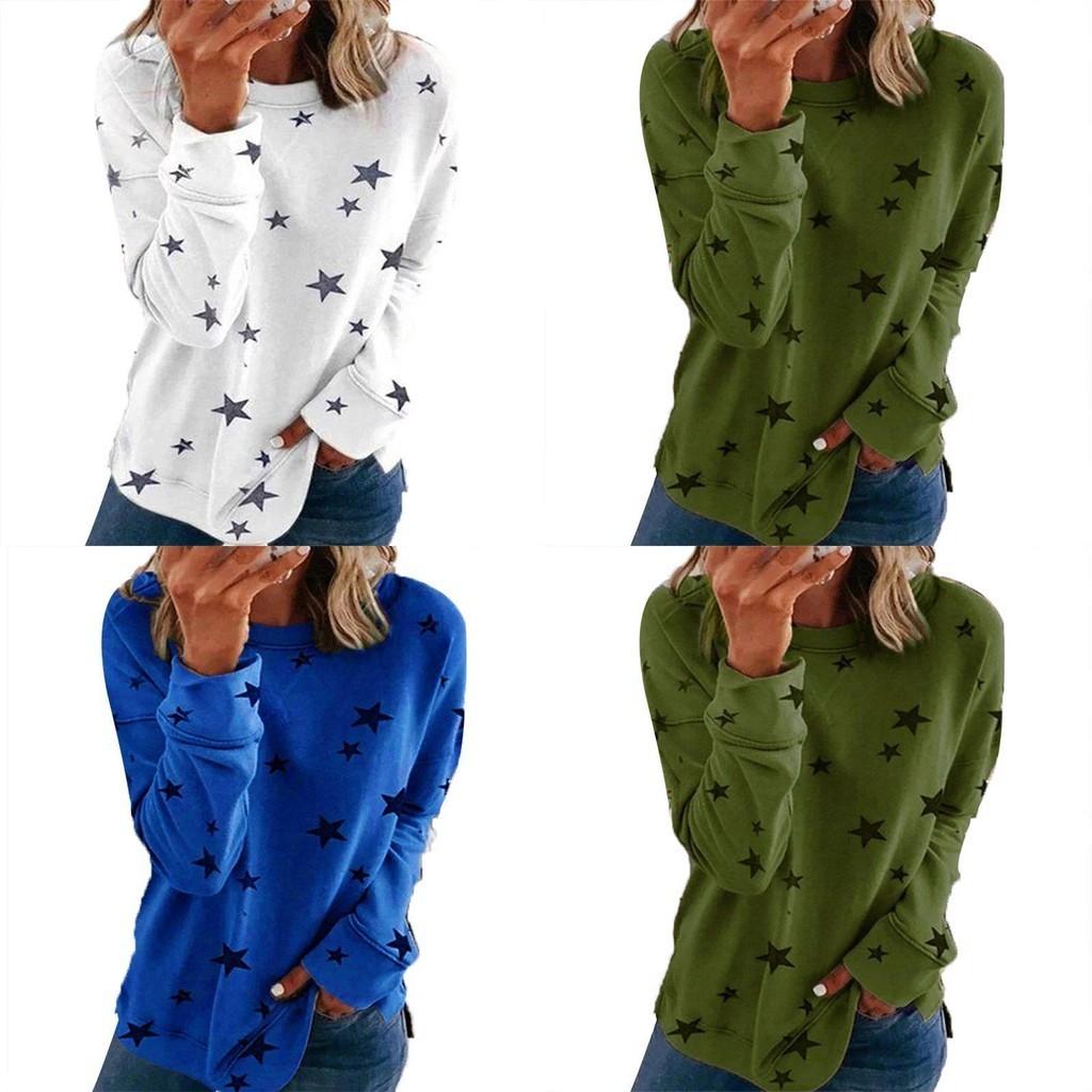 Women Casual Tunic Crew Neck Long Sleeve Star Print Tee Top Blouse For Daily Comfort And Style