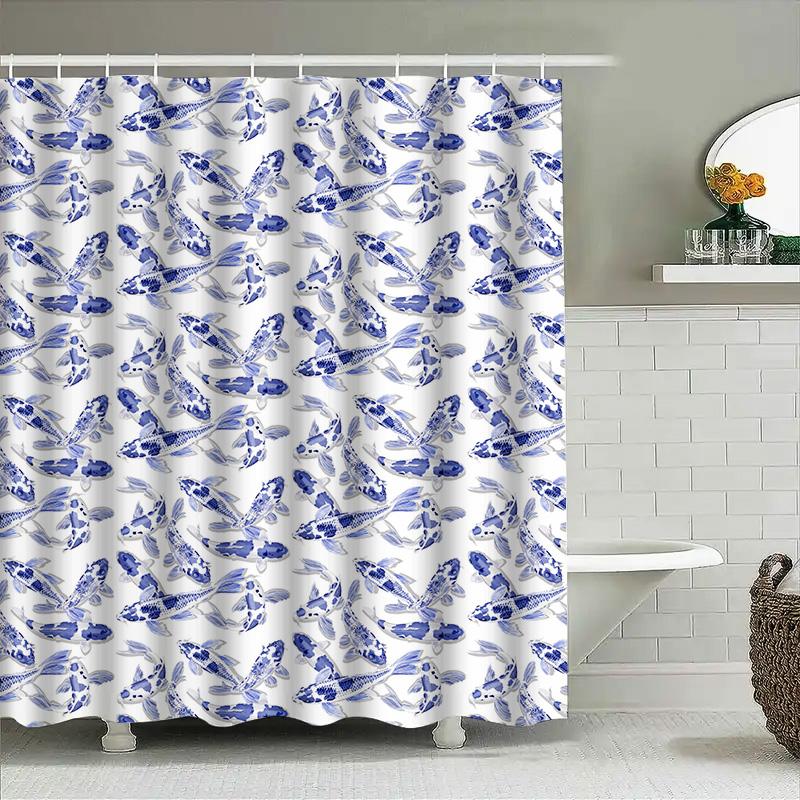 Watercolor Blue Fish Print Shower Curtain For Bathroom Decoration Floral Pattern Waterproof Fabric With Hooks.