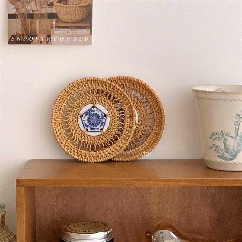 Rattan Coaster Creative Placemat Handmade Table Mat Heat Insulating Tablemat Tea Coffee Cup Pad Non-Slip Mat Round Coasters
