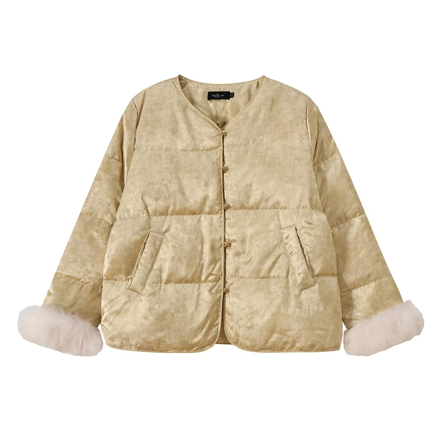 

Chinese Style Fur Patchwork Jacquard Down Jacket 90% White Duck Down - National Style Warm 2025 Winter Outerwear 2XL (151-170 catty)
