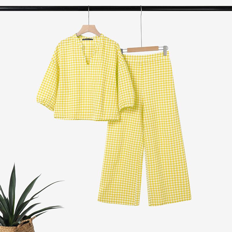 

ZANZEA Women 3/4 Sleeve Blouse and Pants Plaid Print Two Piece Suit Sets 5XL жовтий