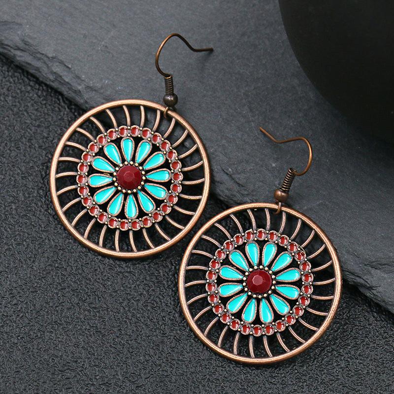 Ethnic Boho Colorful Enamel Earrings For Women Bomemian Retro Hollow Flower Round Geometric Vintage Drop Dangle Earrings Jewelry