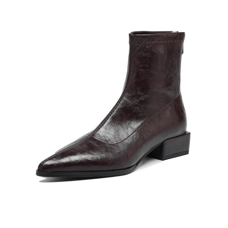 Pointed Low Heel Brown Elastic Thin Boots Autumn and Winter New Thin Short Boots Women's Retro Chelsea Boots