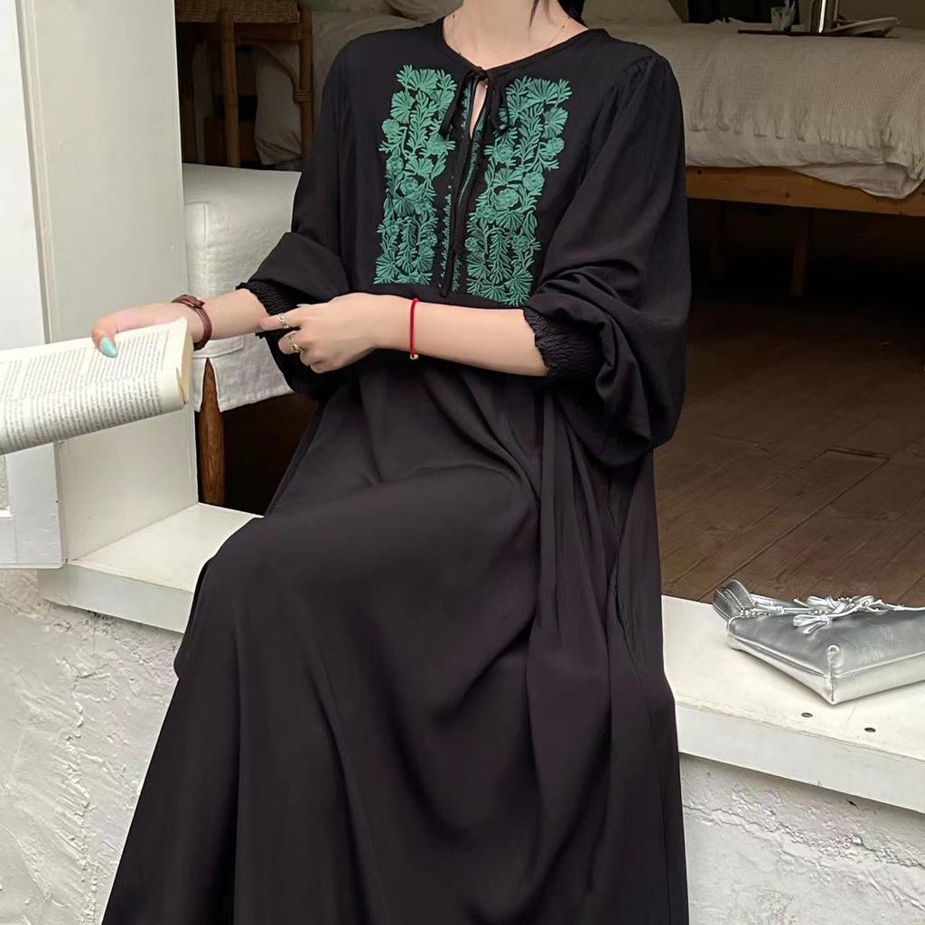 Summer Vintage Art Rochie lungă lejeră Rochie brodata cu mâneci lungi și cu gât