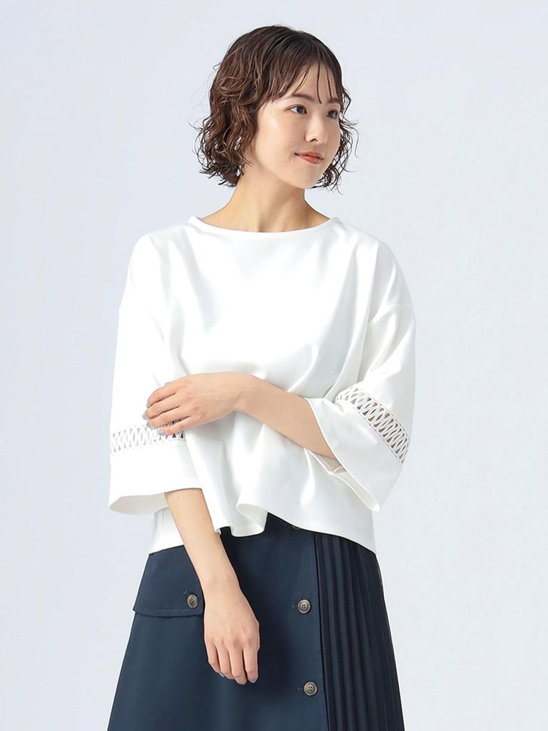 Beams Heart Tee with Lace Sleeves and Ponte Off One Size Women's L/S Pullover, White,