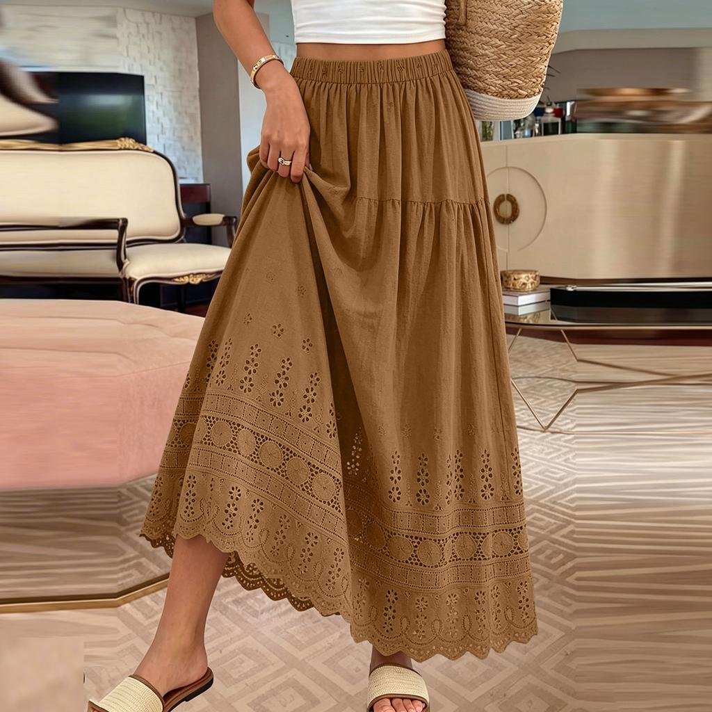Vestido Largo Casual Lindo Elástico de Cintura Alta -Ojo Línea A