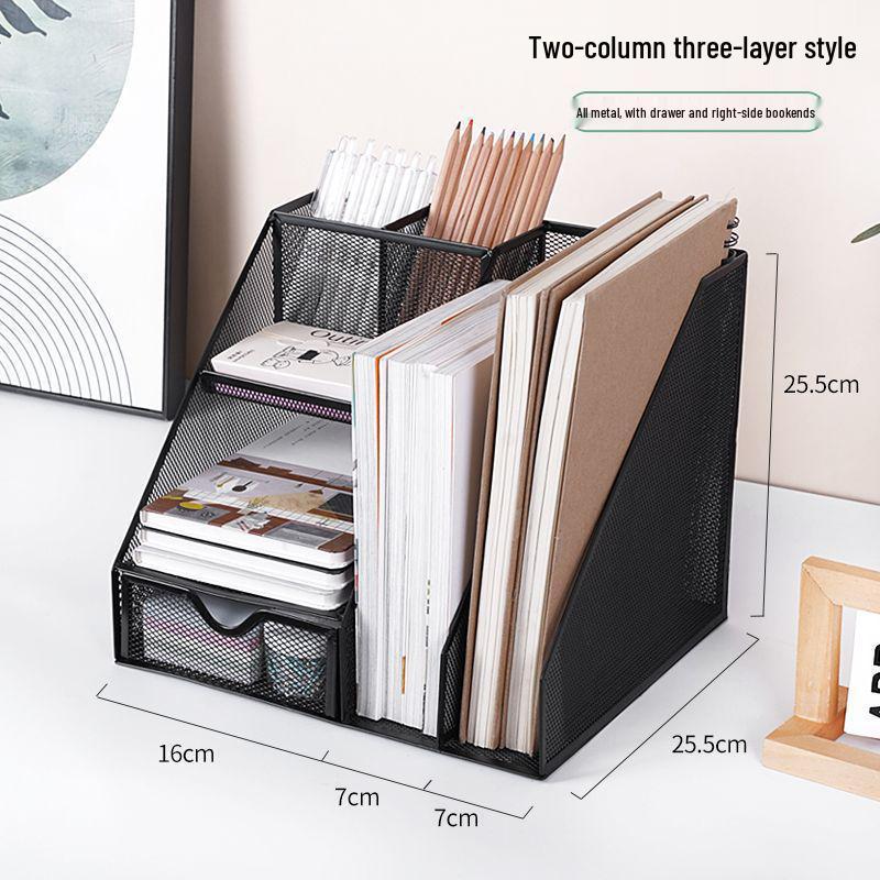Wrought Iron Metal File & Pen Holder: Office File Rack & Bookshelf Organizer