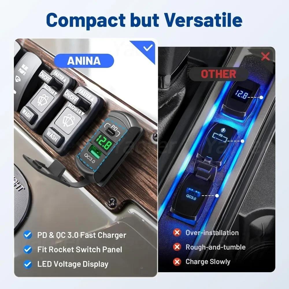 12V USB Rocker Switch 36W USB & PD Outlet Socket with LED Voltage Display 18W QC3.0 Charger for Cars Trucks Vans Boats RVs