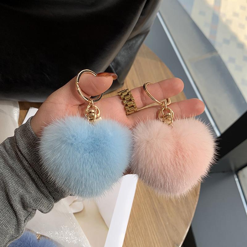 Large Heart Pompom Key Chain For Women Rainbow Plush Ball Keychain Car Bag Pendant Fashion Jewelry Fluffy Love PomPons Keyring