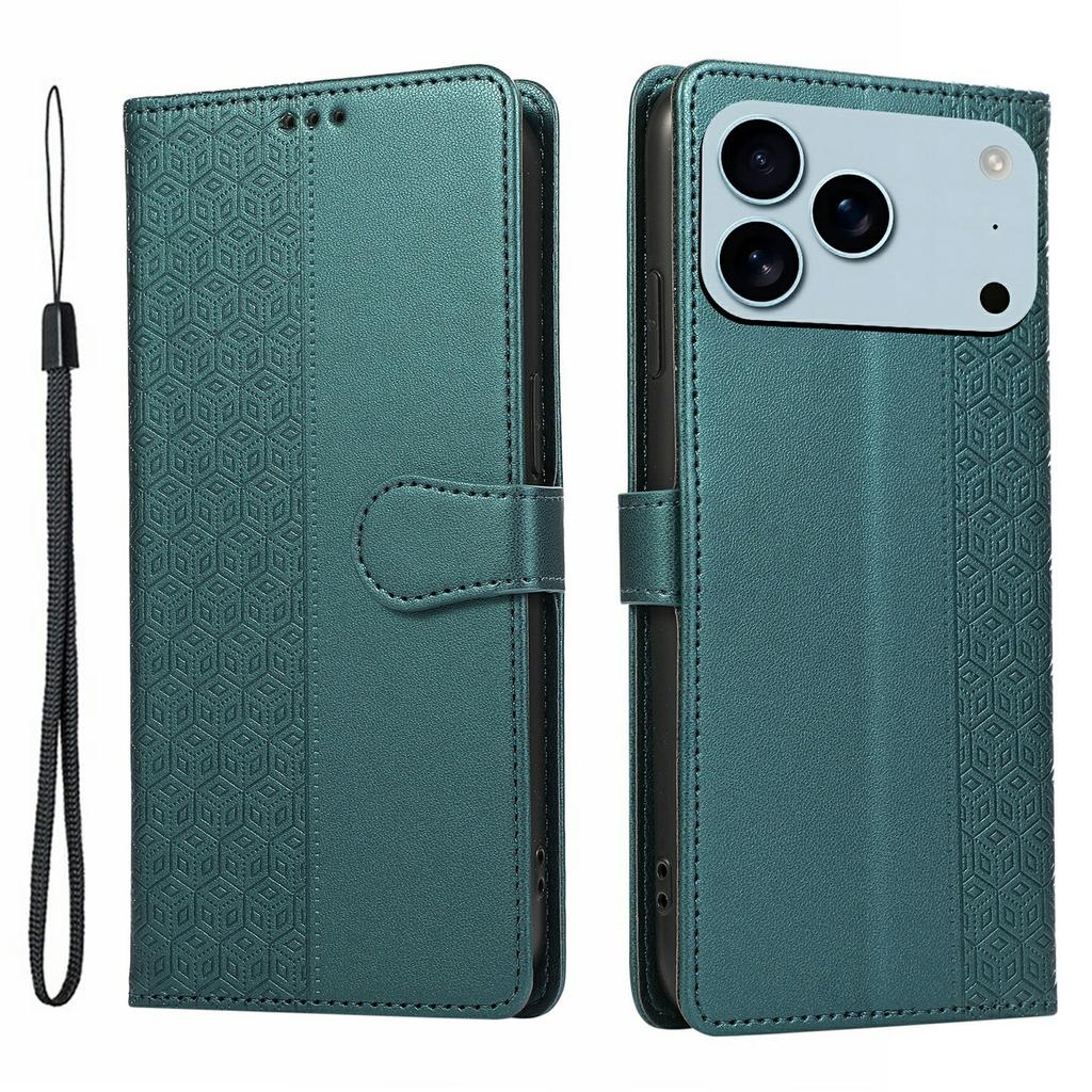 For iPhone 17 Pro Case Splicing Imprinted Rhombus Leather Phone Cover with Wrist Strap