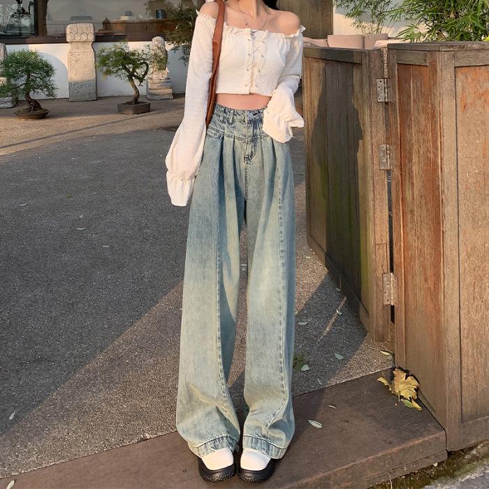 

Women s High Waist Distressed Retro Jeans: Wide-Leg, Slim Drape Trousers for Spring and Autumn Extra Large
