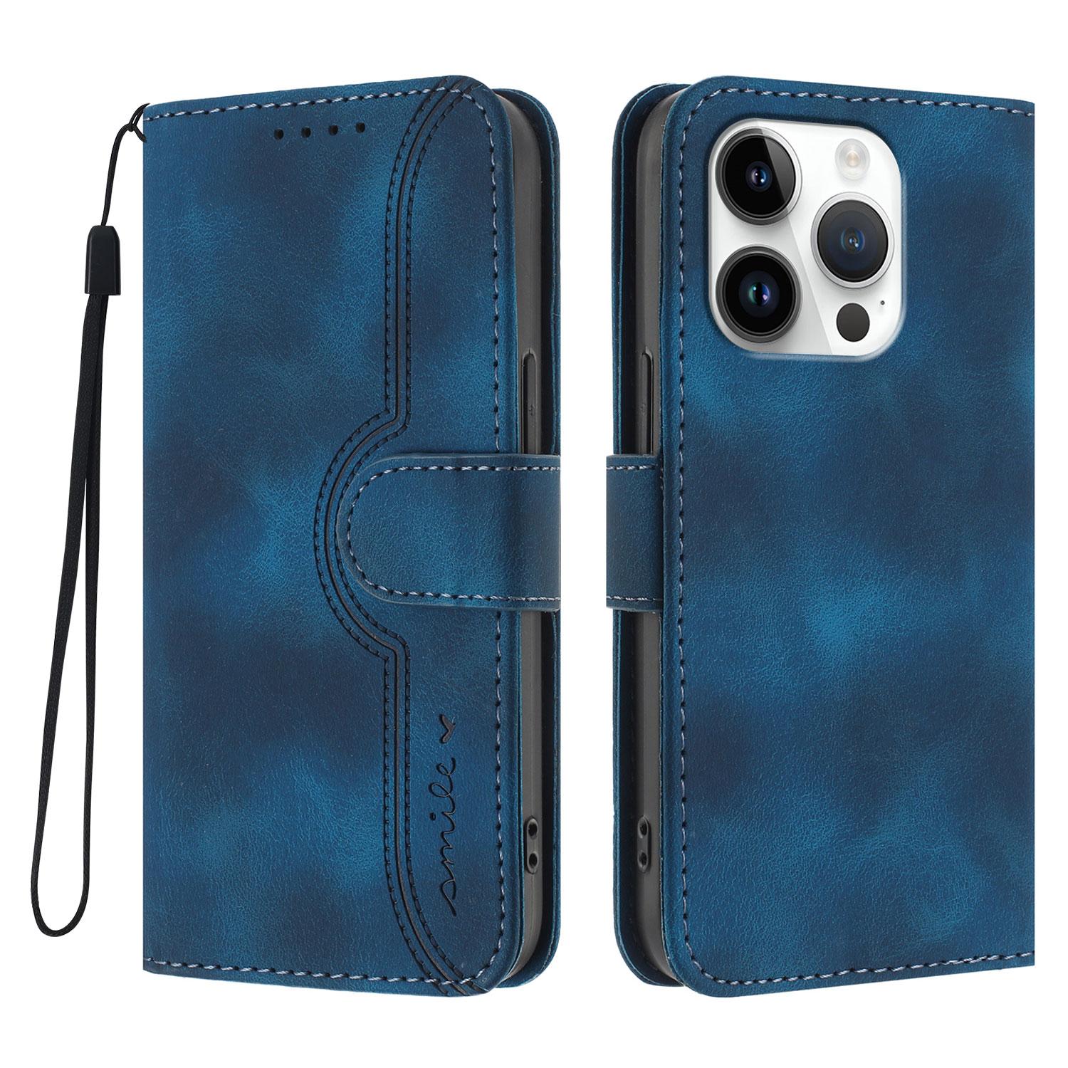 

For iPhone 16 Pro Leather Case Wallet Stand Smile Imprinted Phone Cover with Strap Royal Blue