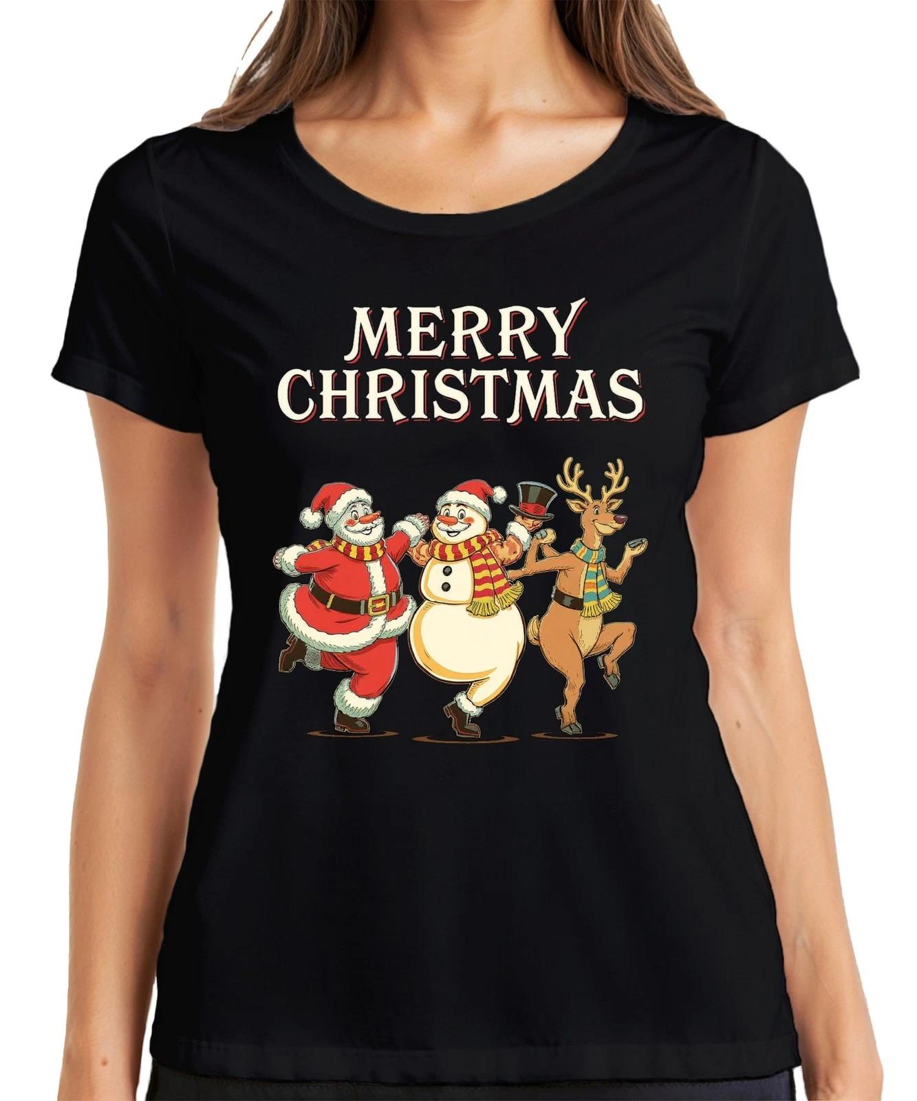 MERRY CHRISTMAS Weihnachtsmann Schneemann Rentier tanzend Vintage Damen T-Shirt XXXXL