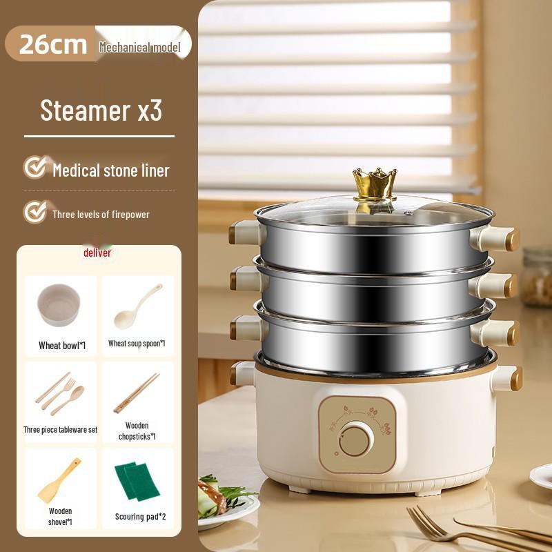 Wielofunkcyjny parowar elektryczny: Stal nierdzewna, Trójwarstwowy, Minutnik, do gotowania na parze, gotowania i duszenia