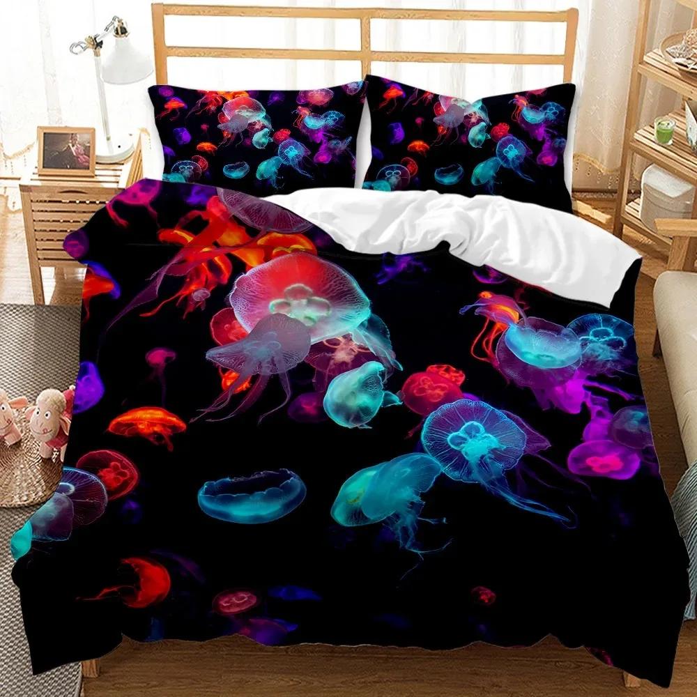 3D Quallen Bettwäsche Set 3-teilig Queen Size Quallen Druck Bettbezug Weiche Polyester Bettdeckenbezug für Erwachsene Teenager Kind Junge