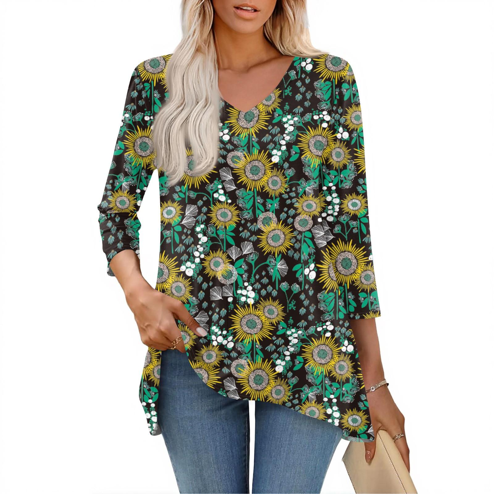 

Женские топы с V-образным вырезом и рукавом 3/4, повседневные блузки средней длины, модные туники с принтом L