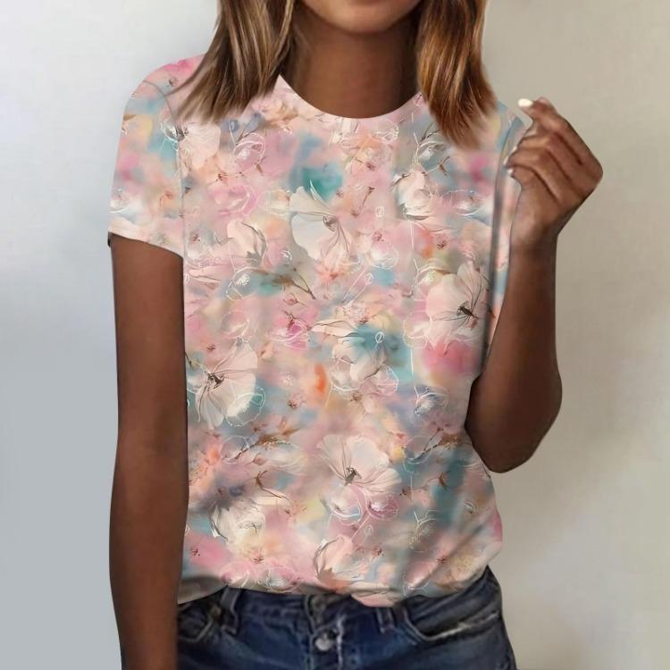 Summer Round Neck 3D Print Flower Pattern Top Fashionable Casual Short Sleeved Women's T-shirts