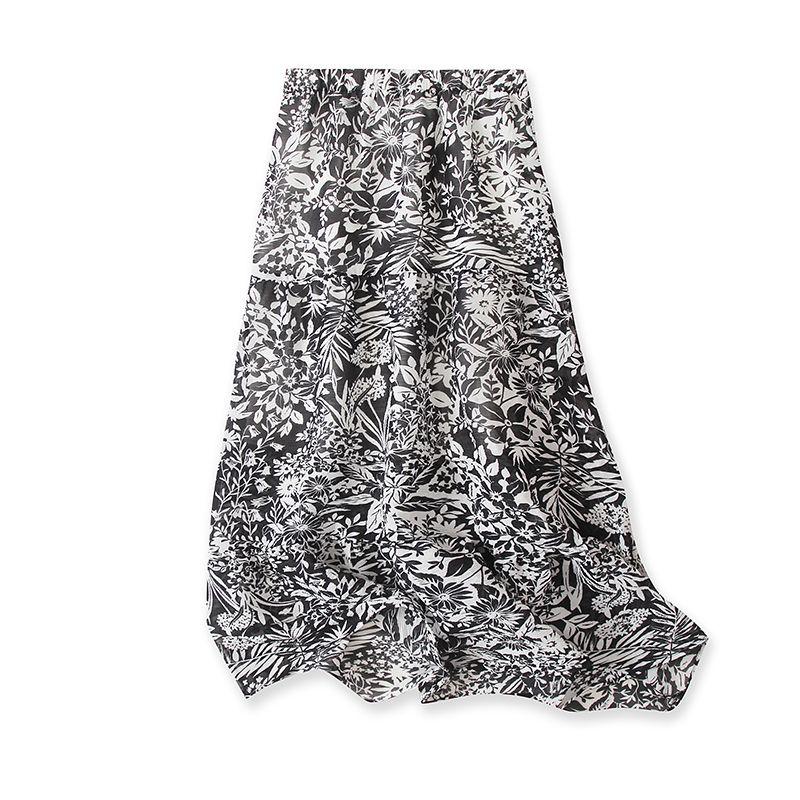 

Elastic Waist Print Skirt Summer New Arrival Mid Length Long Length A- line Skirt Patchwork Easy Matching Fashion Outer Single Women s Skirt White flowers on black background M