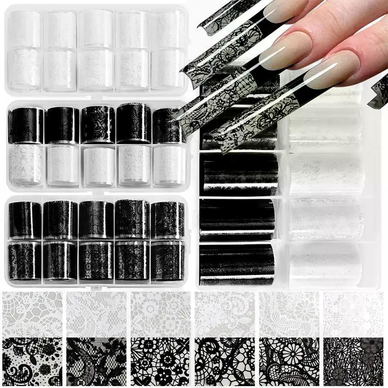 10 Rolls Nail Transfer Foils Sticker Black White Red Lace Flowers Nail Art Nail Charms DIY Nail Decoration Manicure Accessories
