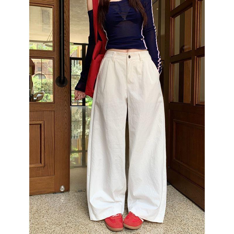 Kumikumi Retro Pure Color High Waist Draped Casual Pants Women's Clothing Fall Easiest for Match Loose Slim Looking Loose Pants