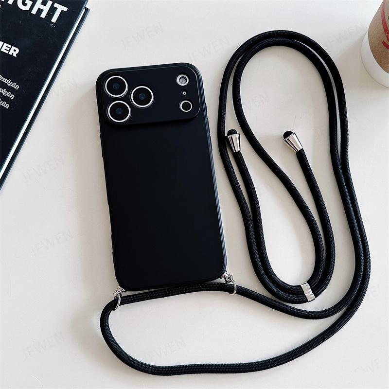 

Crossbody Lanyard Solid Color Case For iphone 17 Air 16 15 14 Plus 13 Pro Max Luxury Shockproof Silicone Soft TPU Back Cover iPhone 16 Pro Max чёрный