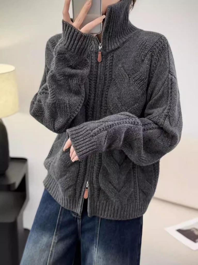 Women's High-Neck Cable Knit Wool Cardigan - 100% Pure Wool, European Style, Thick Sweater for Autumn and Winter