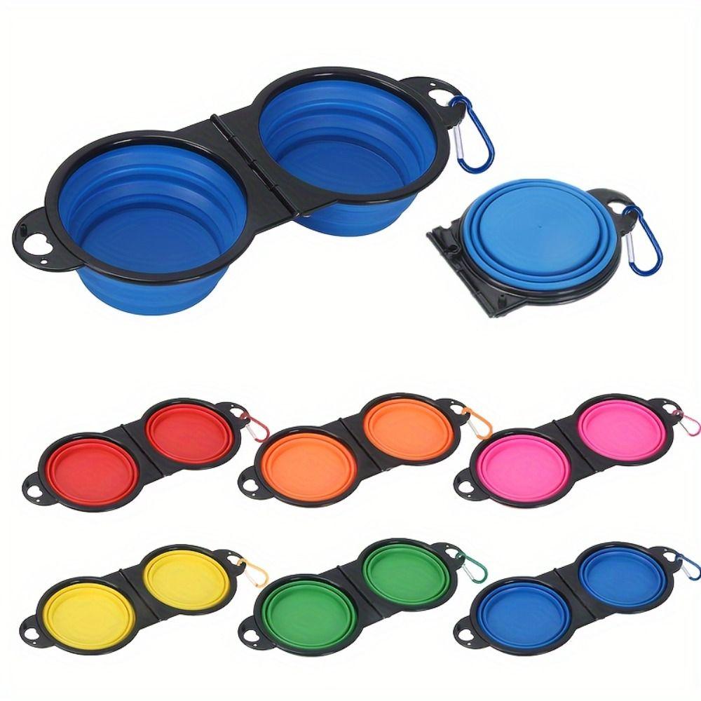 Portable Collapsible Double Pet Bowl Expandable Feeding Bowl Double Dog Food Bowls  Cat