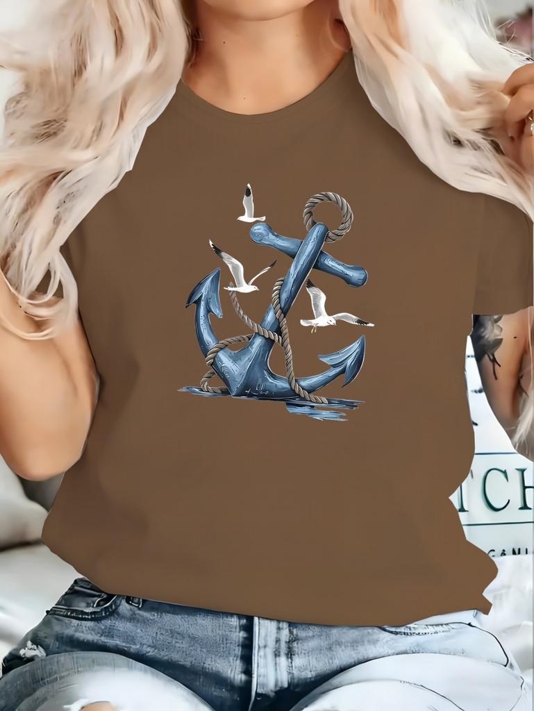 Elegant Women Summer Casual Short-Sleeved Tops Seaside Anchor Graphic Print Daily Outdoor Wear Round Neck Tees Women's Clothing