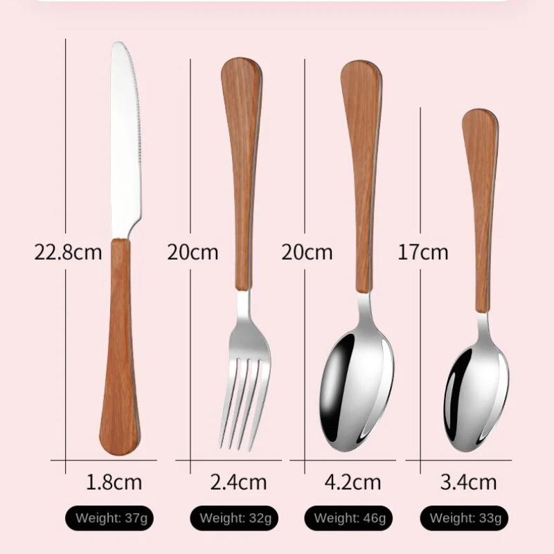 4-teiliges Geschirrset mit Messer und Gabel, Teelöffel, Edelstahl, Holzimitatgriff, westliches Geschirr, einfach und fortschrittlich
