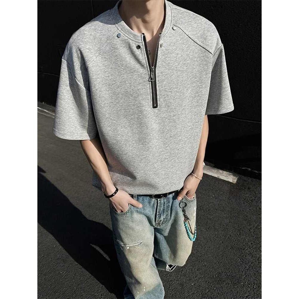 

Летняя футболка с воротником Генри, на молнии до середины, нишевый дизайн, с подплечниками, с короткими рукавами, мужская, трендовый бренд, свободный топ 3XL серый