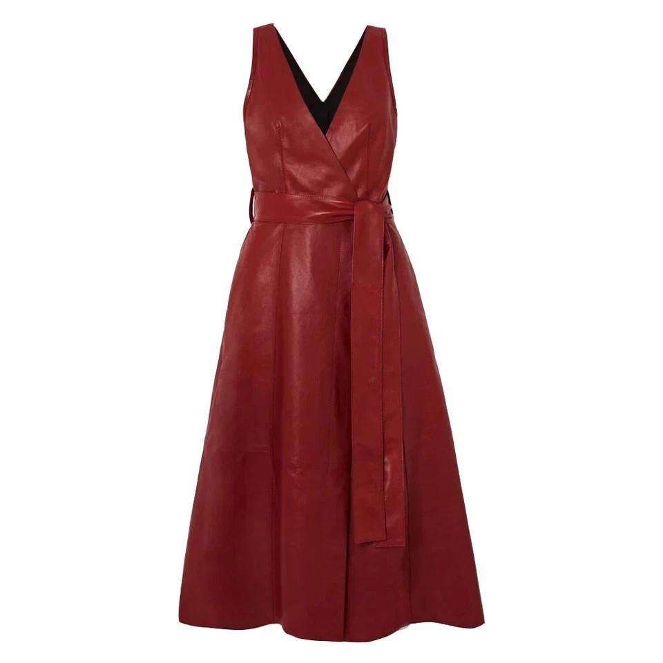 Women's Dress Real Lambskin Leather Red Stylish Elegant Handmade Genuine Fit