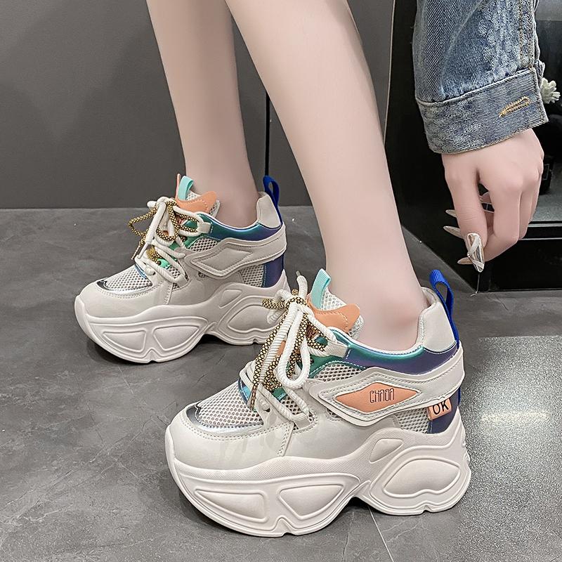 Fashion Women Chunky Sneakers 2024 Spring Breathable Mesh Casual Shoes 9CM Wedge Heels Platform Shoes Chaussures Femme Sports Dad Shoes