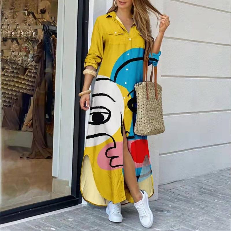 Women's Printed Maxi Shirt Dress Long Sleeve Button Front Casual Long Dress
